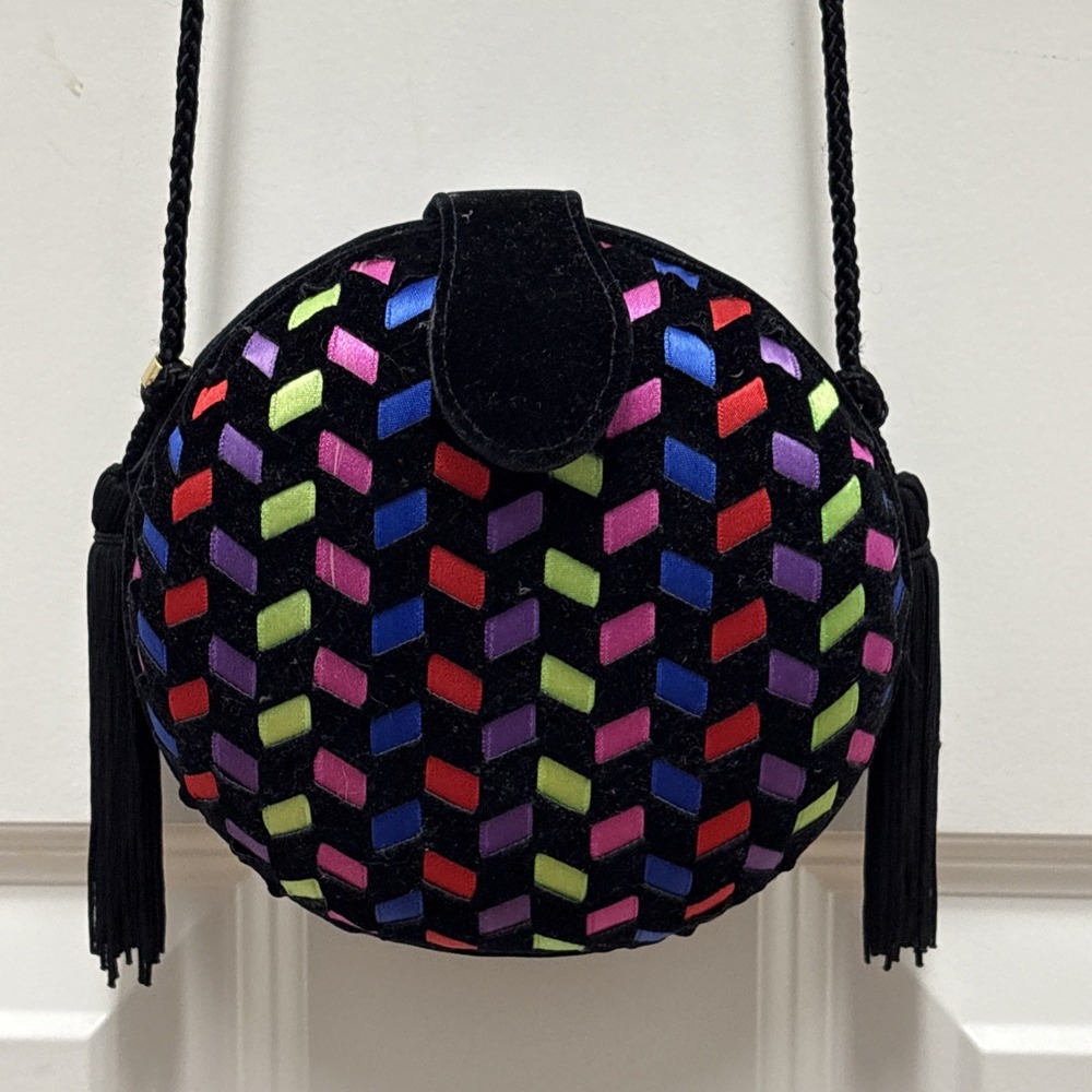 Regale‎ Ltd Black Velvet Circle Bag Colorful Woven Geometric Tassels
